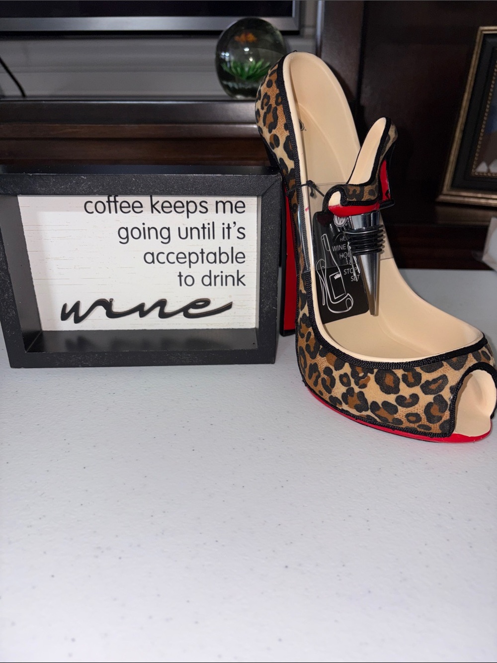 Leopard Print High Heel Shoe Wine Bottle Stopper Holder - Brown